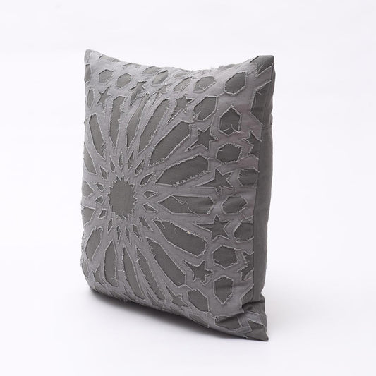 Elegant Grey Cotton Pillow Cover with Geometric Arabesque Applique