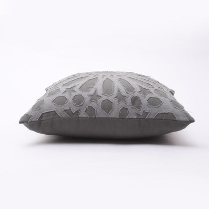 Elegant Grey Cotton Pillow Cover with Geometric Arabesque Applique