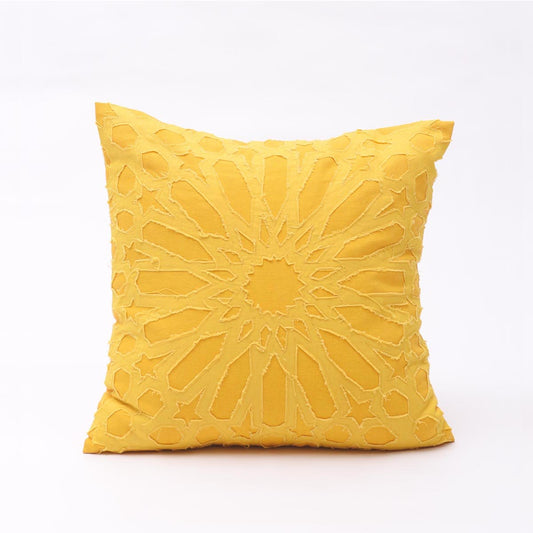 Vliving Yellow Cotton Pillow Cover with Geometric Arabesque Applique