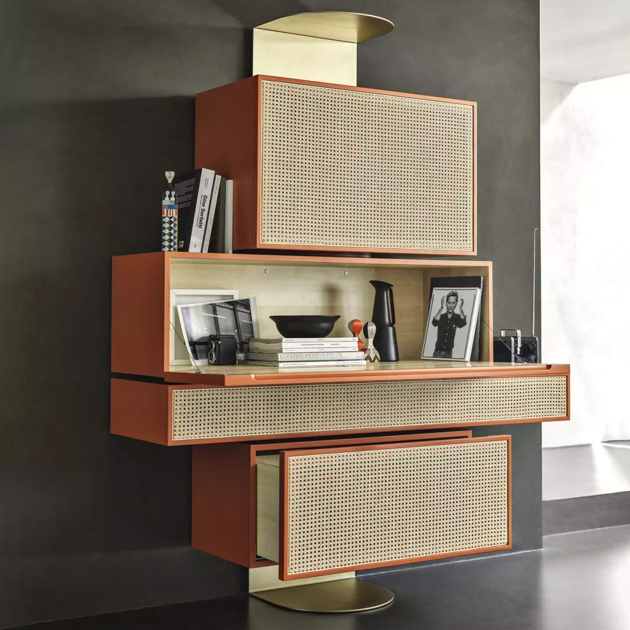 Modern Vienna Asymmetrical Wall Shelf with Drawers, Shelves & Desk