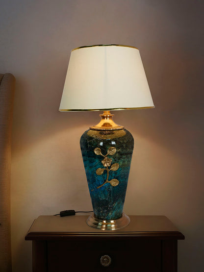 Green Marble Effect Table Lamp with Off-White Tapered Shade