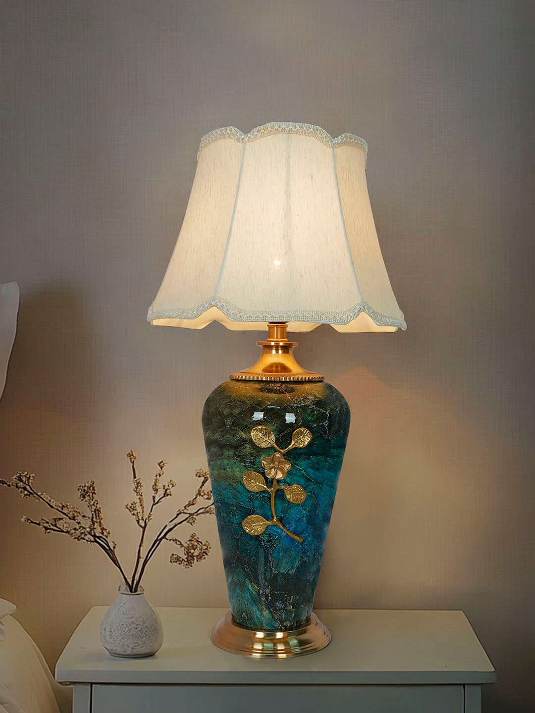 Green Marble Effect Table Lamp with Scalloped Shade