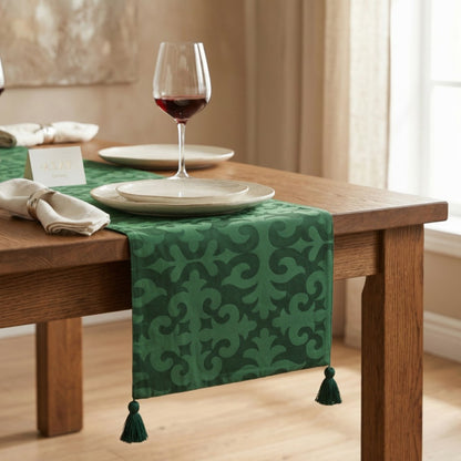 Shyrdak Tropical Green Table Runner | Moroccan Print & Green Tassels | 2 Sizes