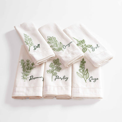 Herb Embroidered Linen-Cotton Napkins | Botanical Collection | 18 × 18 inches | Sets of 2, 4 & 6