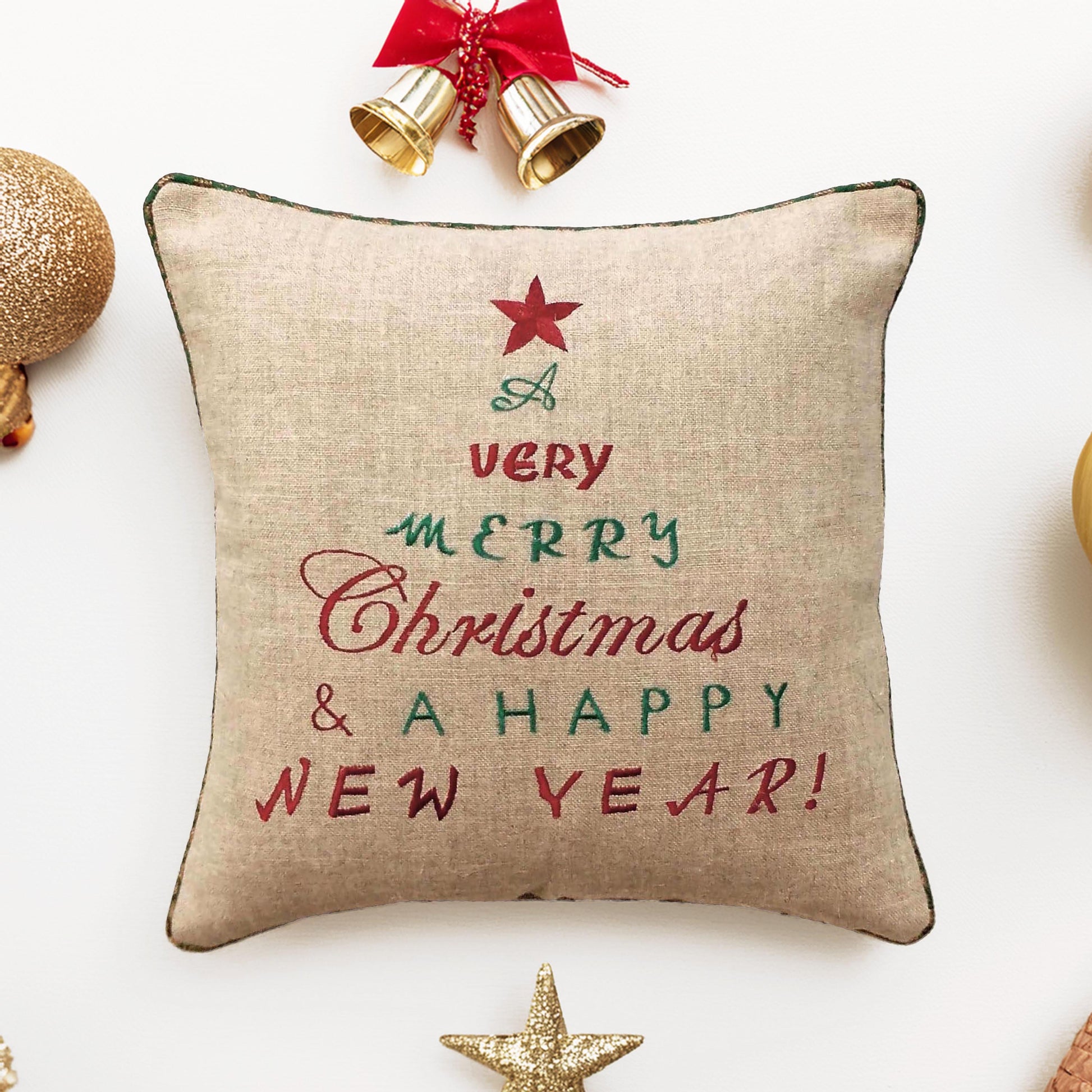 Festive Christmas New Year Linen Cushion Cover with Brocade
