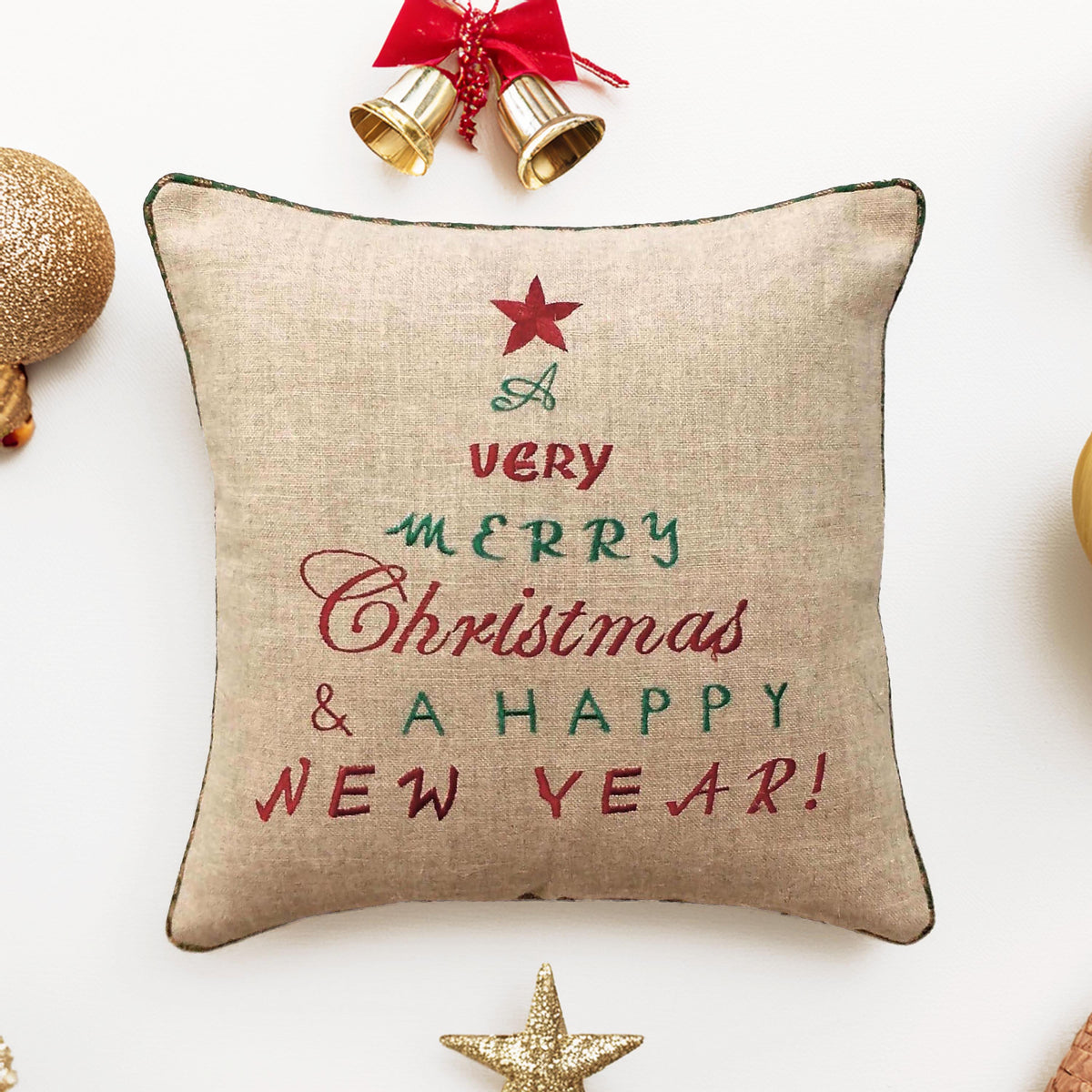 "Merry Christmas & Happy New Year" Embroidered Linen Cushion Cover – Natural Linen | 2 Sizes