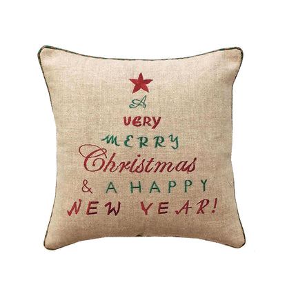 "Merry Christmas & Happy New Year" Embroidered Linen Cushion Cover – Natural Linen | 2 Sizes