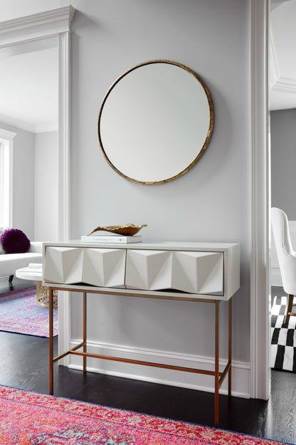 Modern Geometric Console Table with Dual Storage Drawers, Brass Finish Legs