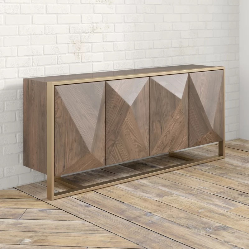 Hurbtine Modern Distressed Woodgrain Veneer Sideboard with Brass Sled Base