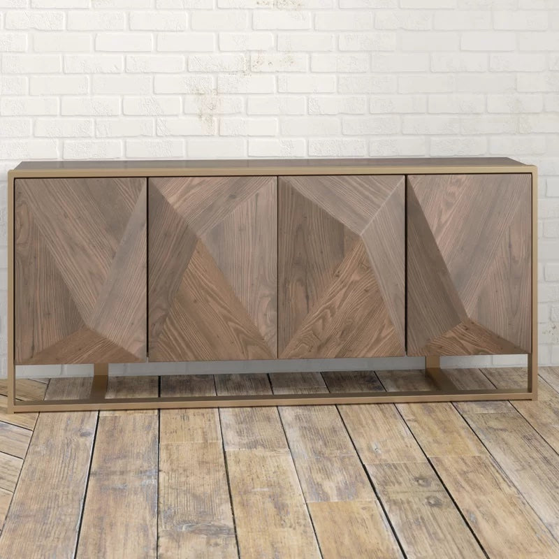 Hurbtine Modern Distressed Woodgrain Veneer Sideboard with Brass Sled Base