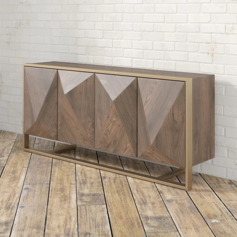Hurbtine Modern Distressed Woodgrain Veneer Sideboard with Brass Sled Base
