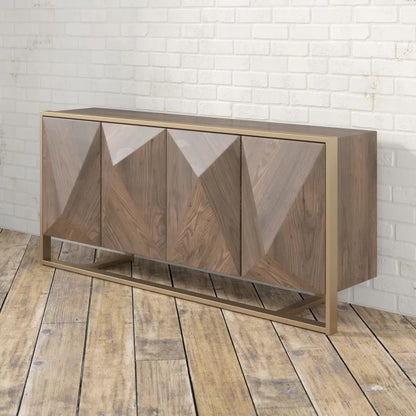 Hurbtine Modern Distressed Woodgrain Veneer Sideboard with Brass Sled Base