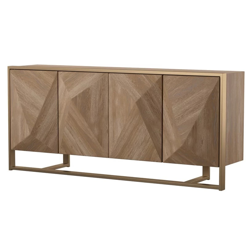 Hurbtine Modern Distressed Woodgrain Veneer Sideboard with Brass Sled Base