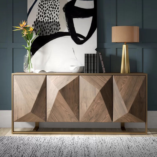 Hurbtine Modern Distressed Woodgrain Veneer Sideboard with Brass Sled Base