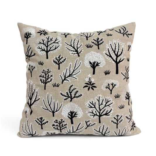FROSTED FOREST - Pure Linen Pillow Cover with White & Black Embroidery - 18x18 inches