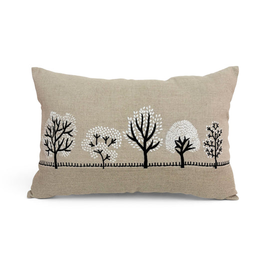FROSTED FOREST - Pure Linen Pillow Cover with White & Black Embroidery - 14x21 inches