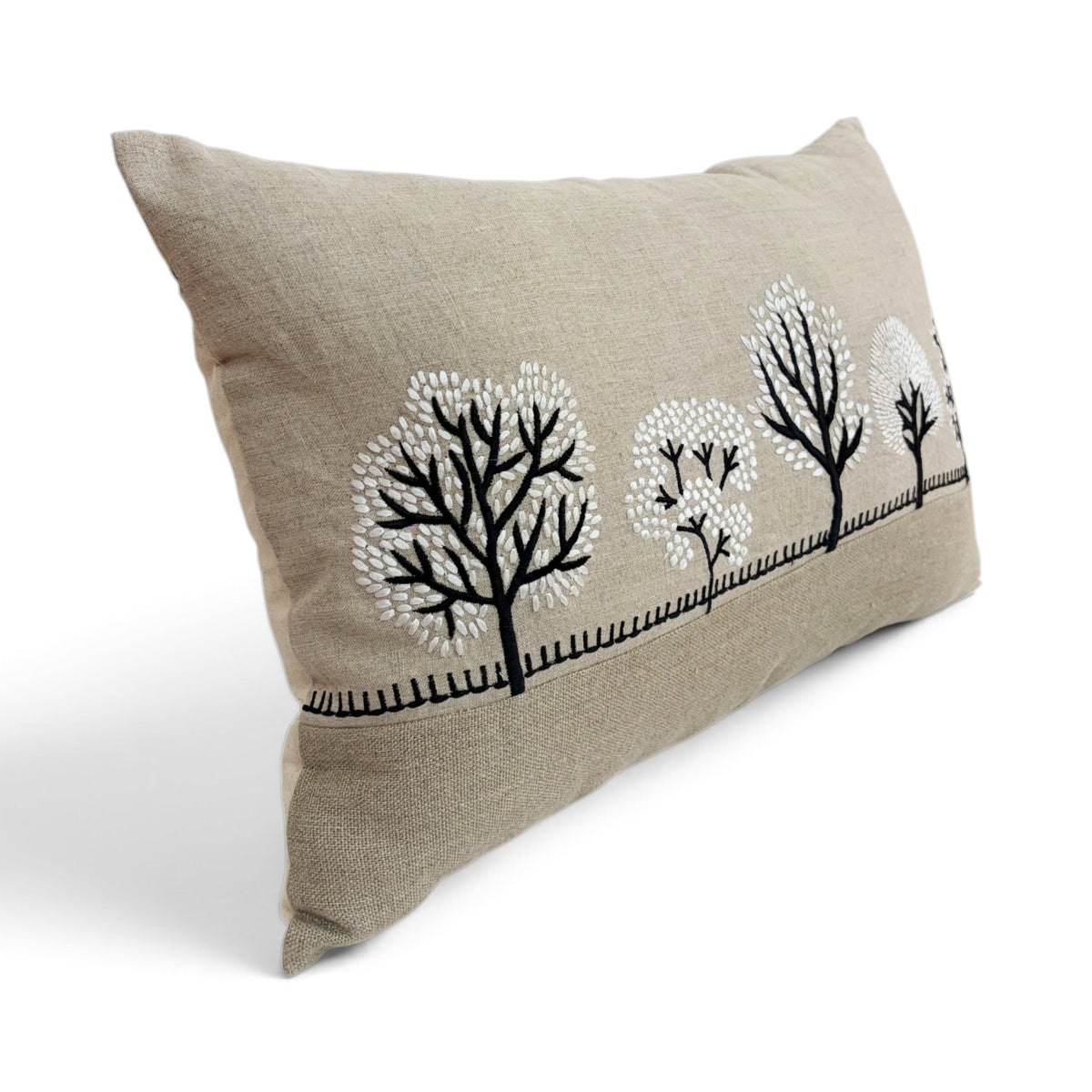 FROSTED FOREST - Pure Linen Pillow Cover with White & Black Embroidery - 14x21 inches