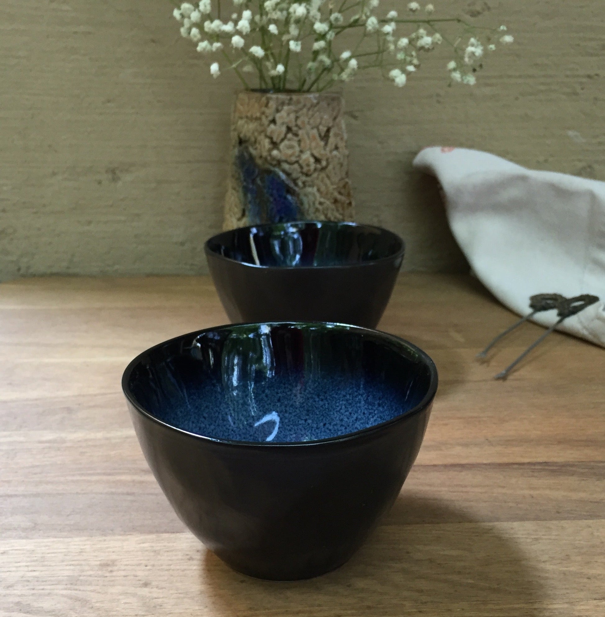 Elegant Handcrafted Blueberry Glazed Stoneware Dessert Bowls Set