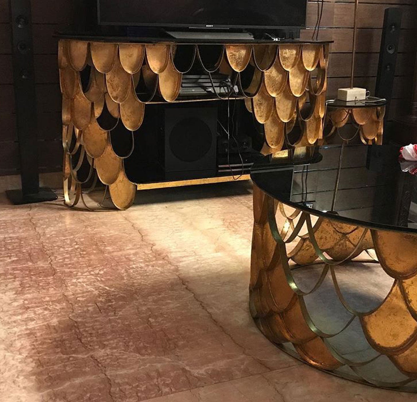 Elegant Bee-Hive Gold Leaf Metal Console Table with Glass Top