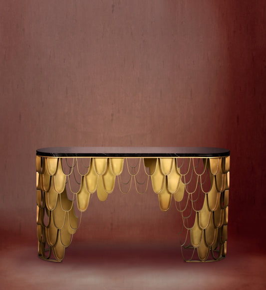 Elegant Bee-Hive Gold Leaf Metal Console Table with Glass Top