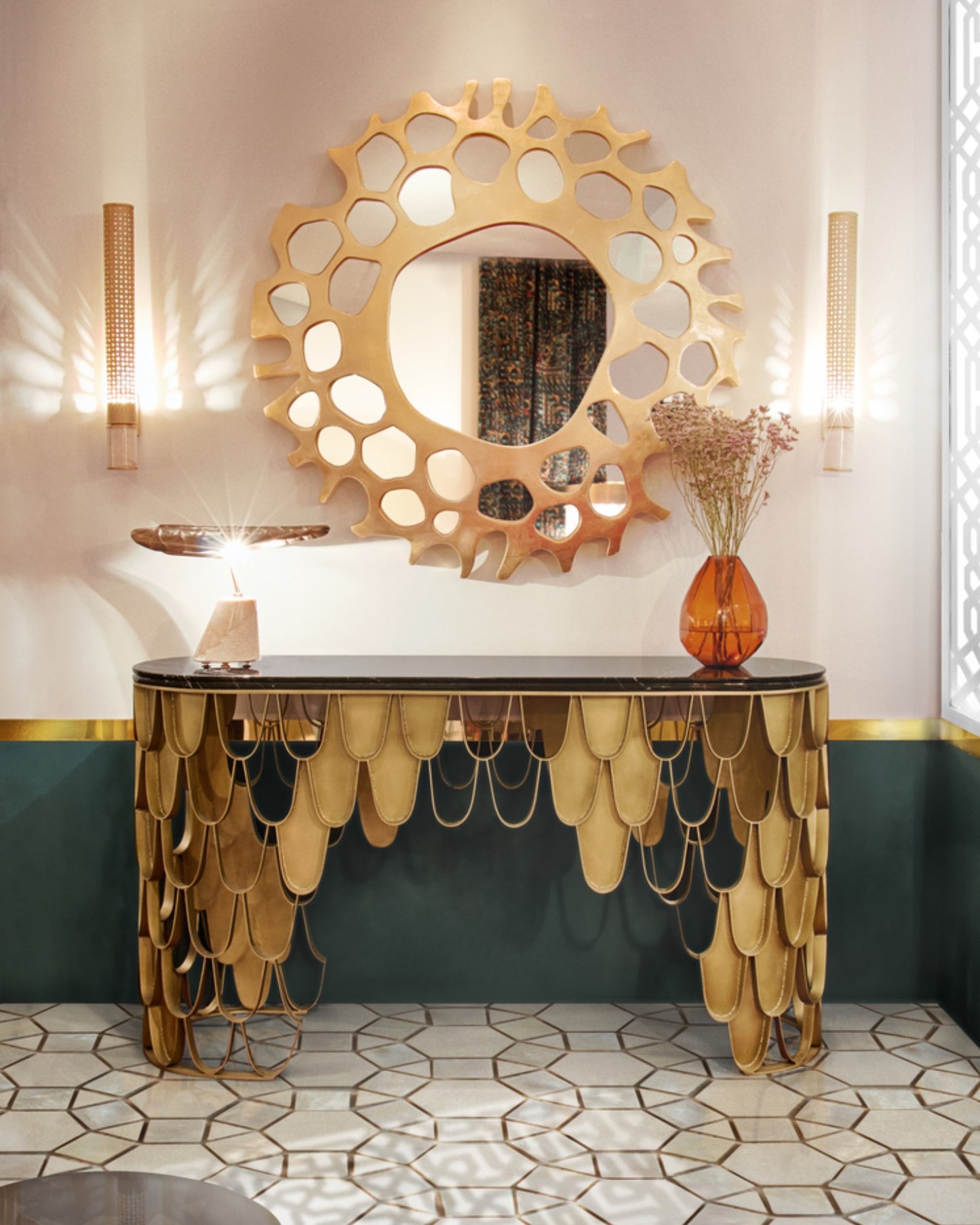 Elegant Bee-Hive Gold Leaf Metal Console Table with Glass Top