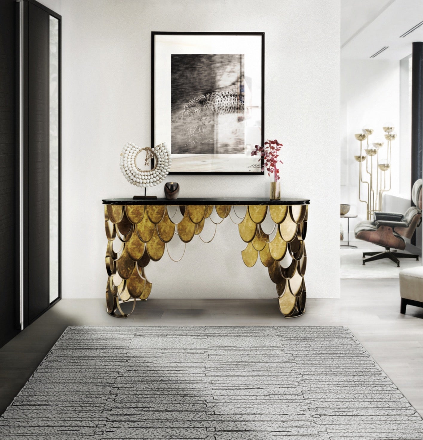 Elegant Bee-Hive Gold Leaf Metal Console Table with Glass Top
