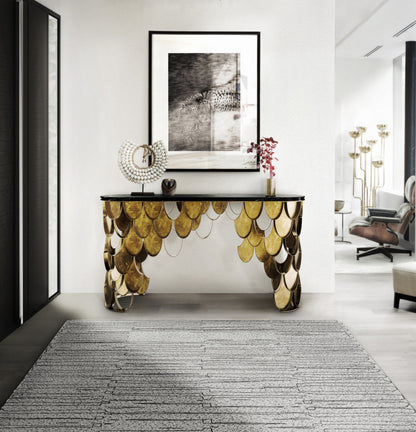 Elegant Bee-Hive Gold Leaf Metal Console Table with Glass Top