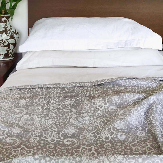 Grey Lace Print Triple-Layer Soft Cotton Blanket – Cozy Dohar
