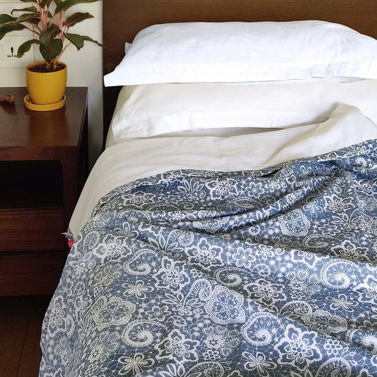 Blue Lace Print Three-Layer Soft Cotton Dohar Blanket