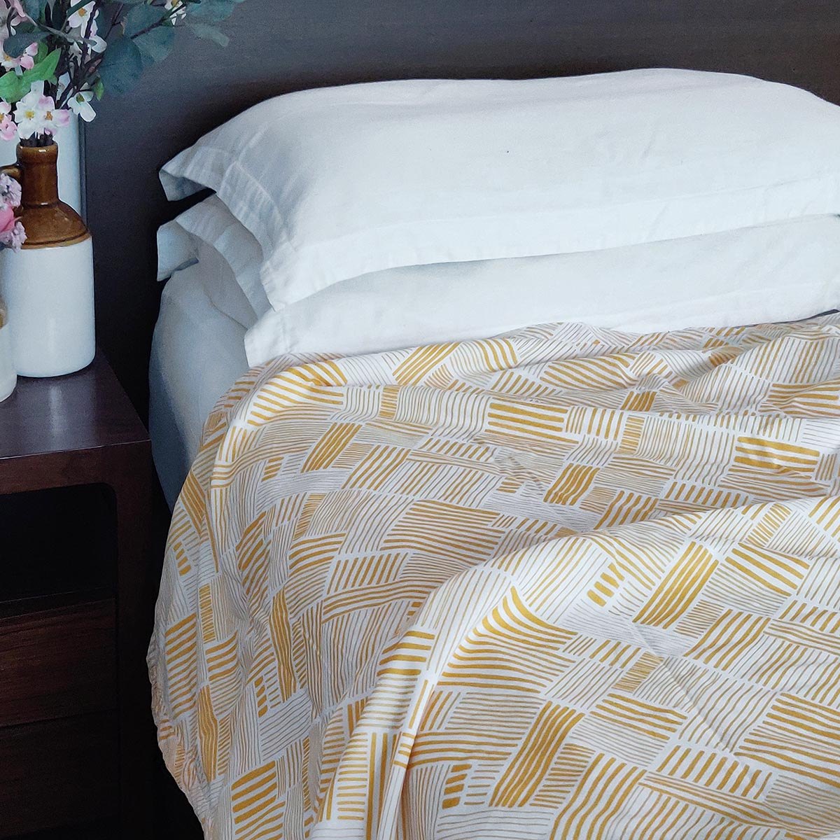 Modern Retro Mustard Yellow Stripe Print Soft Cotton Three-Layer Dohar | Lightweight Blanket | Baby & Single Bed Sizes