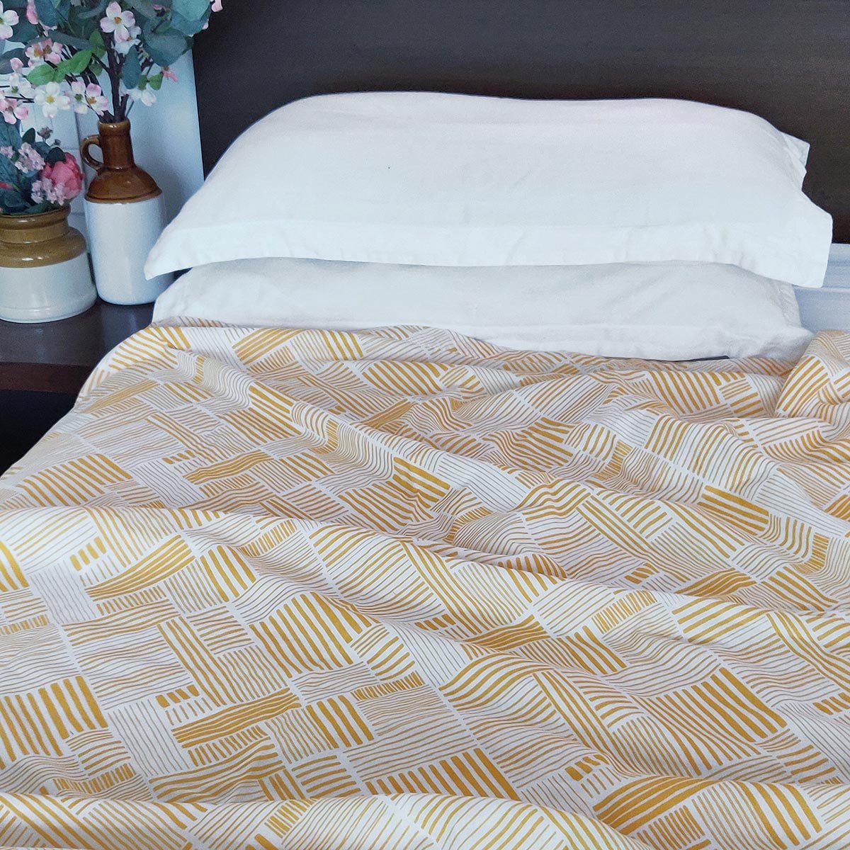 Modern Retro Mustard Yellow Stripe Print Soft Cotton Three-Layer Dohar | Lightweight Blanket | Baby & Single Bed Sizes