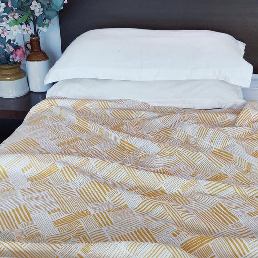 Modern Retro Mustard Yellow Stripe Print Soft Cotton Three-Layer Dohar | Lightweight Blanket | Baby & Single Bed Sizes