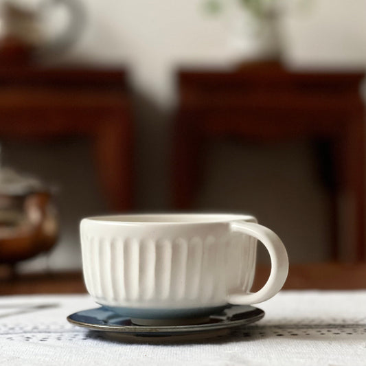 LivingClay Fluted Ivory Cup with Blue Saucer – 200ml