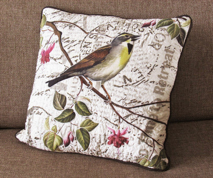 Botanical Sparrow Print Quilted Cushion Cover 16X16 inches