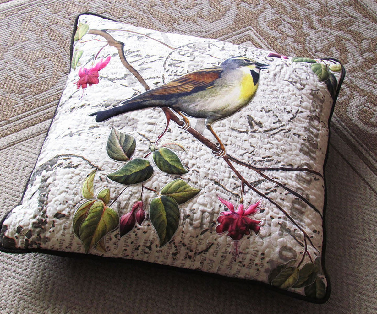 Botanical Sparrow Print Quilted Cushion Cover 16X16 inches