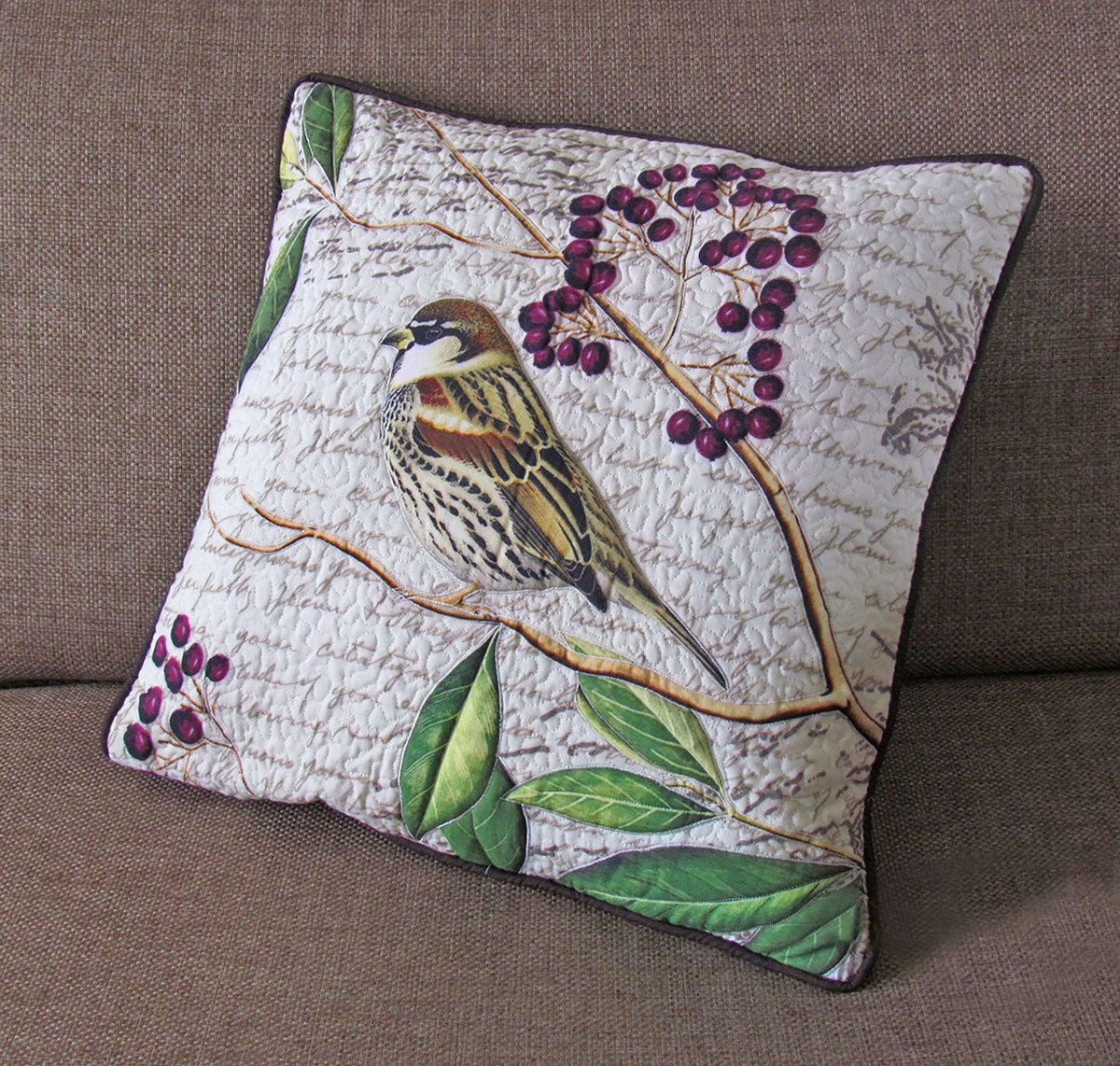 Botanical Sparrow Print Quilted Cushion Cover – White & Brown, 16×16"