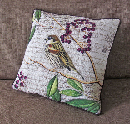 Botanical Sparrow Print Quilted Cushion Cover – White & Brown, 16×16"