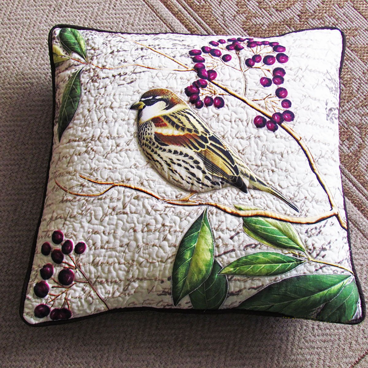 Botanical Sparrow Print Quilted Cushion Cover – White & Brown, 16×16"