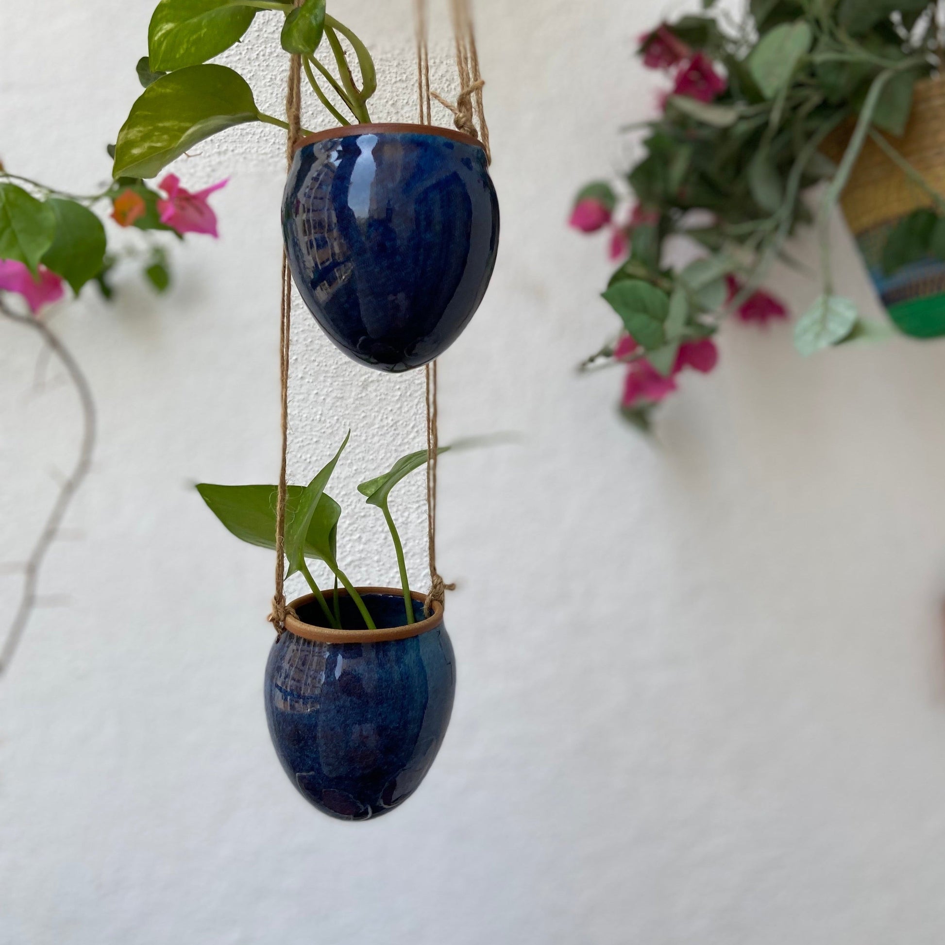 Cerulean Ceramic Hanging Bud Planter Set of Two – Green Accent