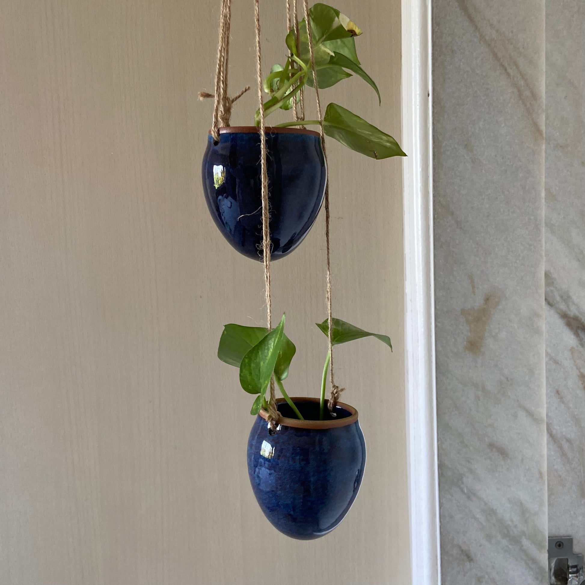 Cerulean Ceramic Hanging Bud Planter Set of Two – Green Accent
