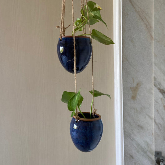 Cerulean Ceramic Hanging Bud Planter Set of Two – Green Accent