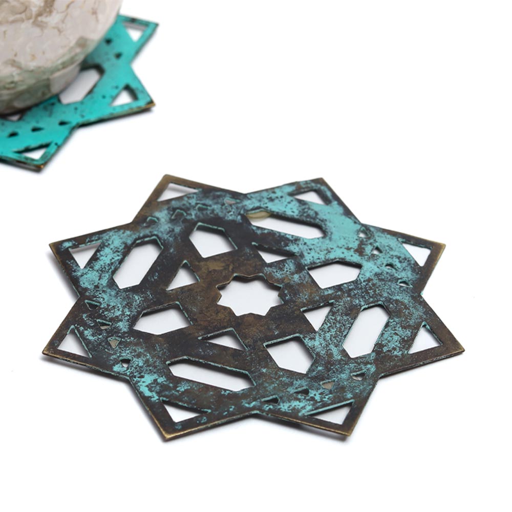 Elegant Turquoise Brass Mantra Coasters – Set of Two