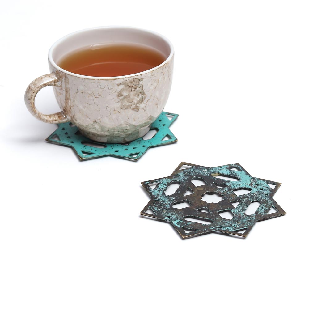 Elegant Turquoise Brass Mantra Coasters – Set of Two