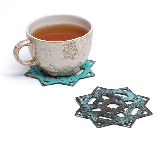 Elegant Turquoise Brass Mantra Coasters – Set of Two