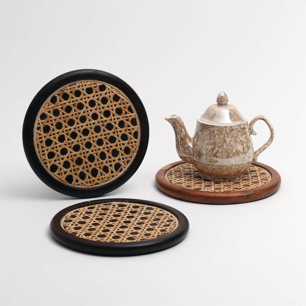 Rosemary Natural Disc Wicker Trivet Handcrafted Solid Wood