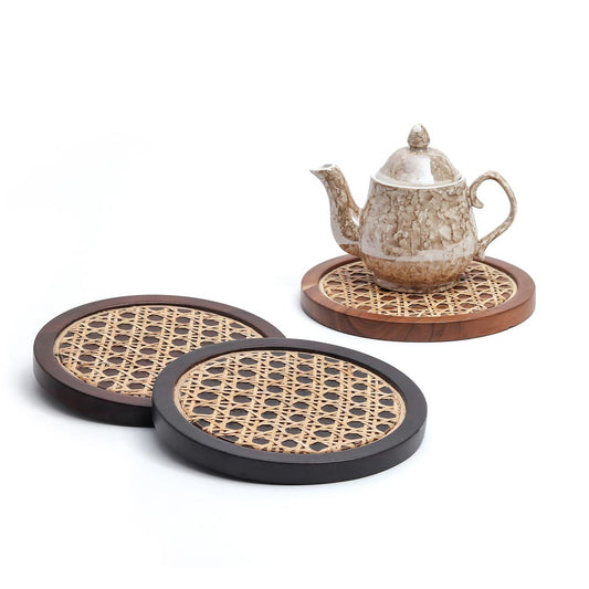 Rosemary Natural Disc Wicker Trivet Handcrafted Solid Wood