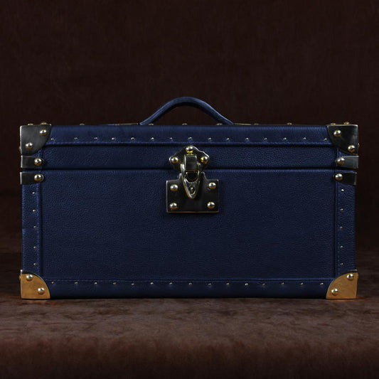 Luxurious Blue Leather & Brass Amorous Jewellery Trunk with Teak Finish