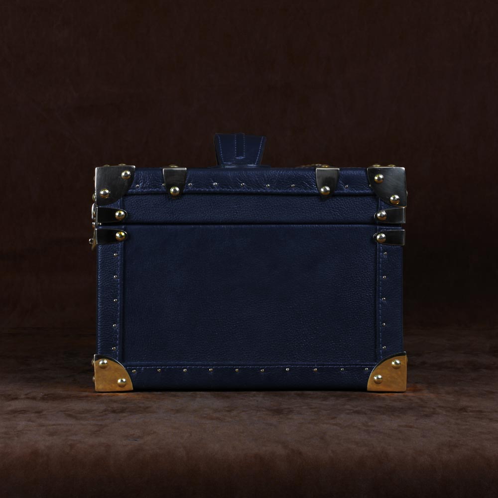 Luxurious Blue Leather & Brass Amorous Jewellery Trunk with Teak Finish