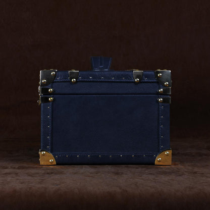 Luxurious Blue Leather & Brass Amorous Jewellery Trunk with Teak Finish