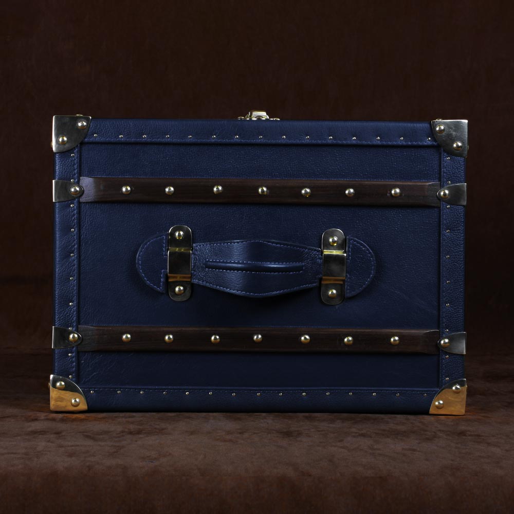 Luxurious Blue Leather & Brass Amorous Jewellery Trunk with Teak Finish